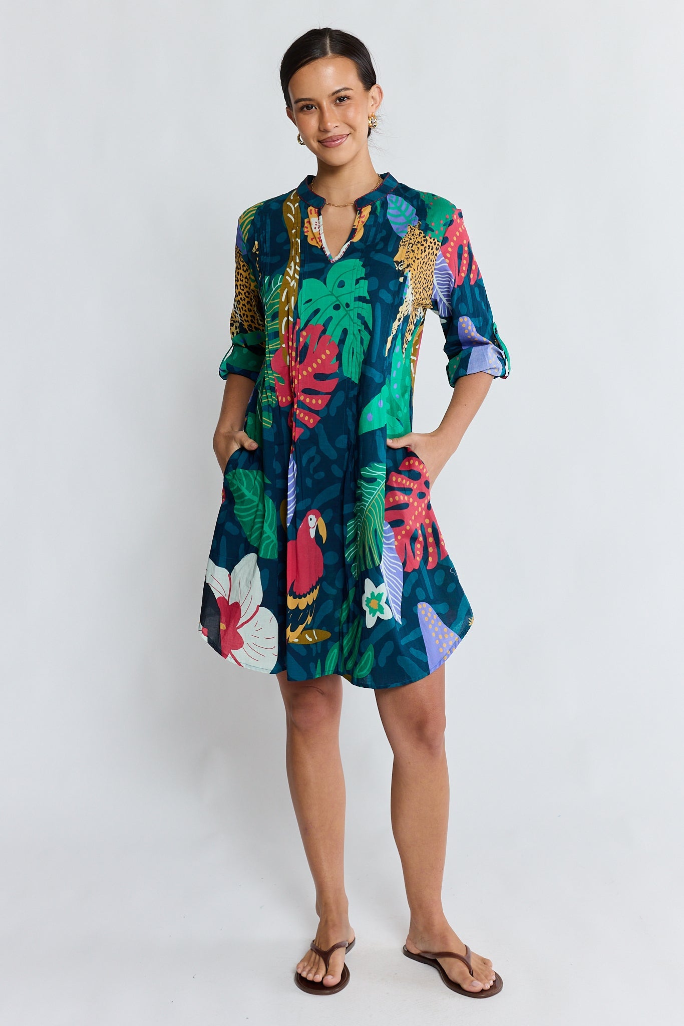 Image of Dresses. Product name - LulaLife Jungle Fever Tuck Dress Navy in Navy colour by brand - Lulalife
