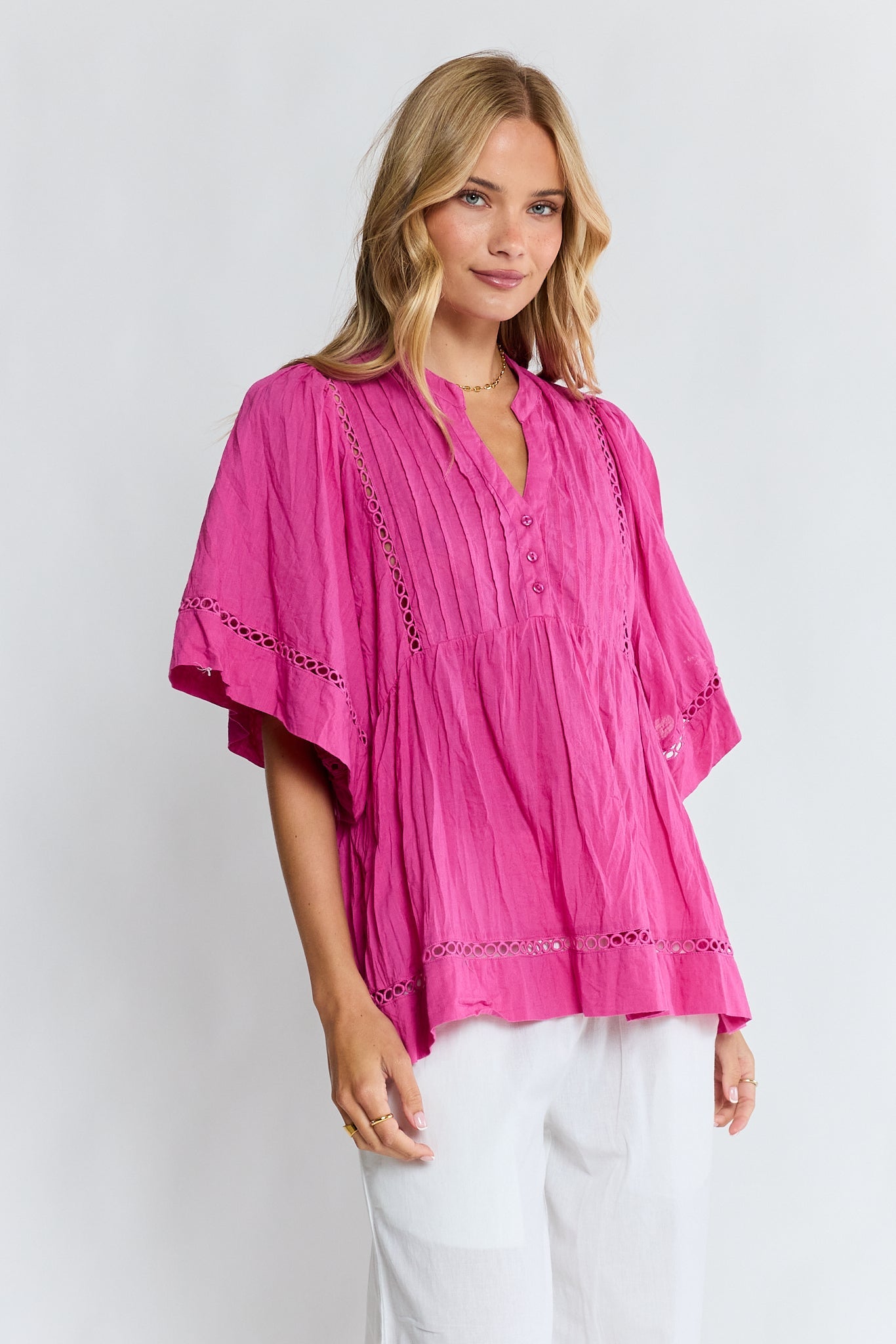 LulaLife Laverne Pintuck Top (Fuschia)