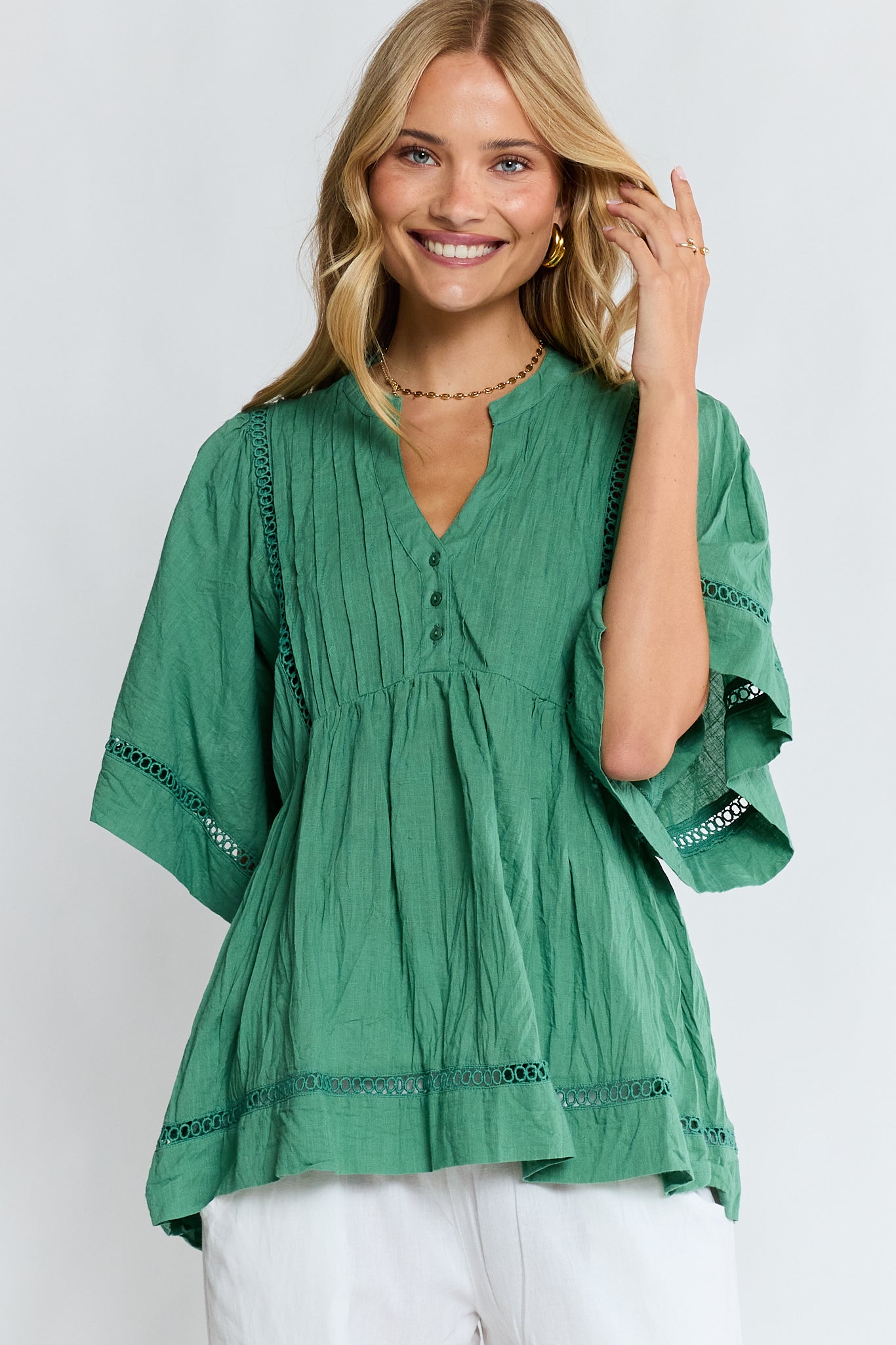 LulaLife Laverne Pintuck Top (Gumleaf)