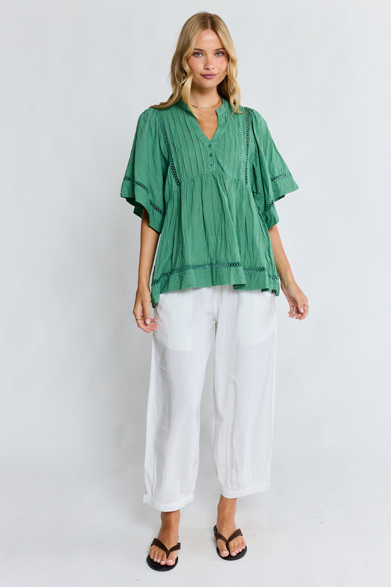 LulaLife Laverne Pintuck Top (Gumleaf)