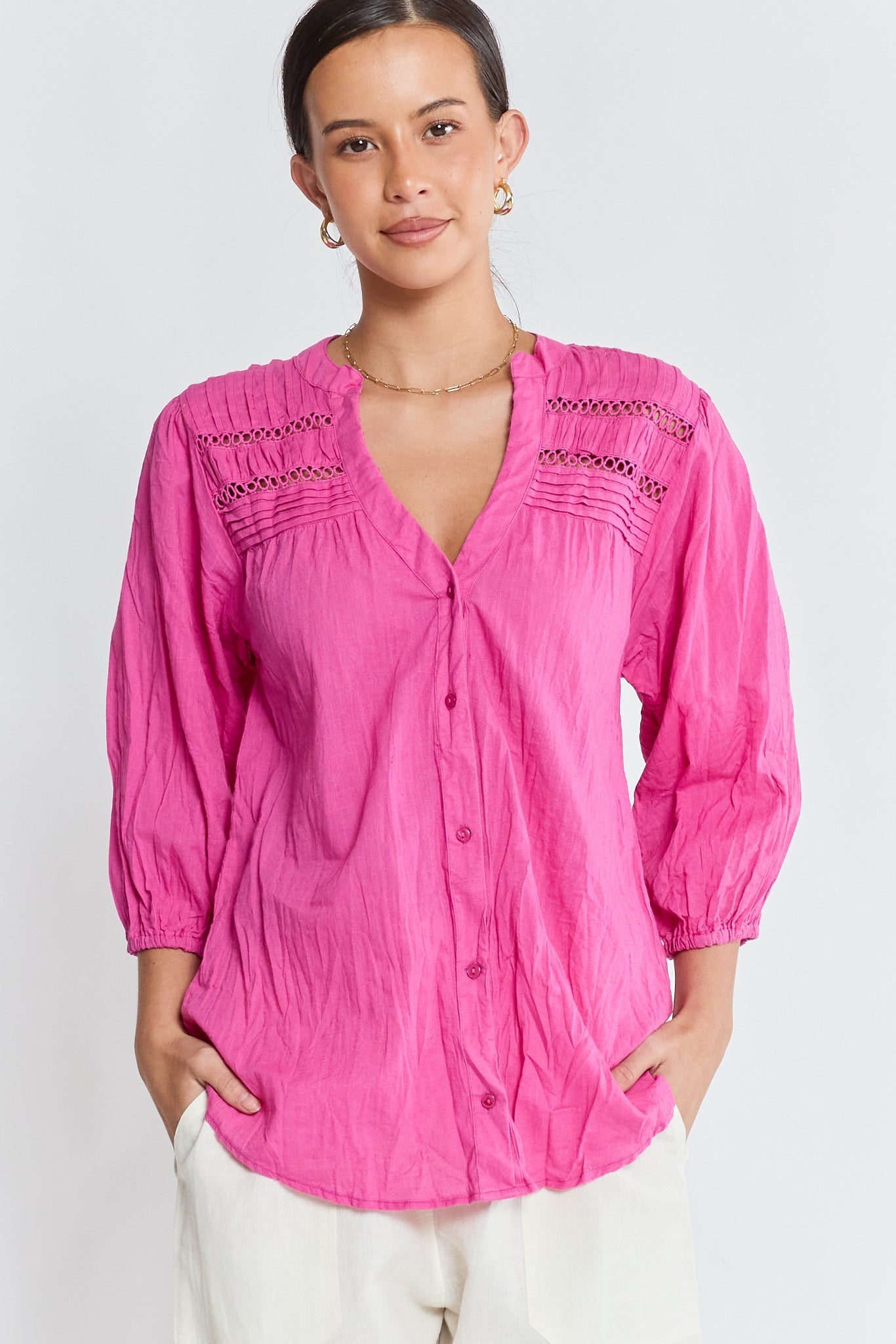 Image of Shirts. Product name - LulaLife Laverne Tuck Shirt Fuschia in Fuschia colour by brand - Lulalife