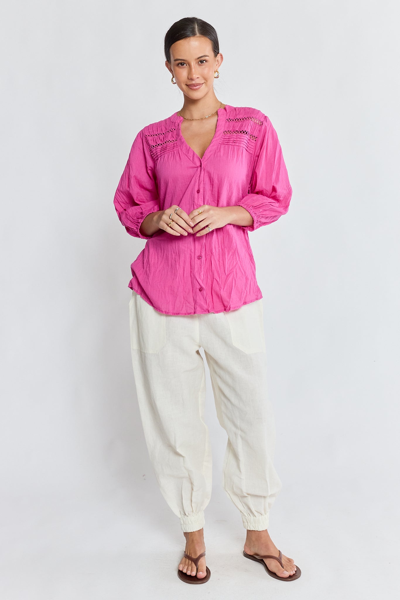 LulaLife Laverne Tuck Shirt (Fuschia)