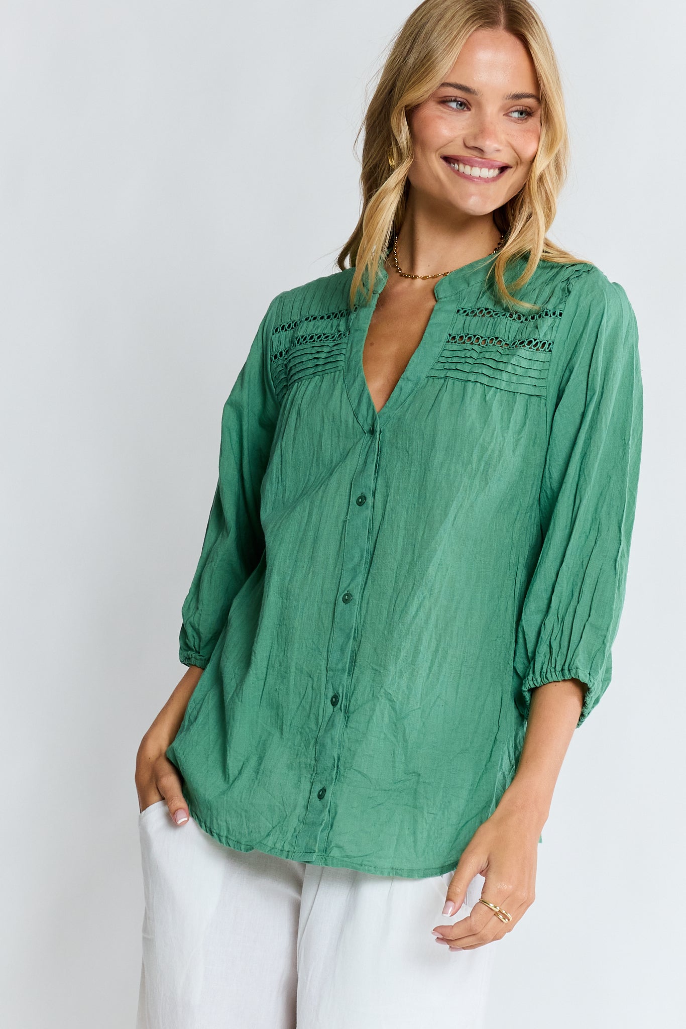 Image of Shirts. Product name - LulaLife Laverne Tuck Shirt Gumleaf in Gumleaf colour by brand - Lulalife