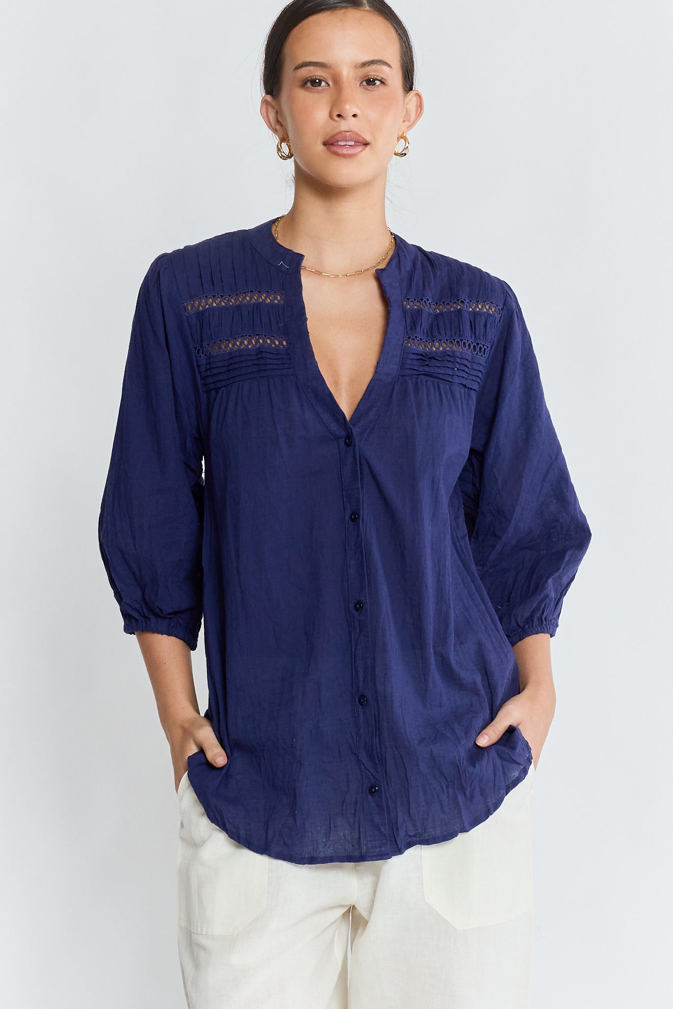 Image of Shirts. Product name - LulaLife Laverne Tuck Shirt Navy in Navy colour by brand - Lulalife