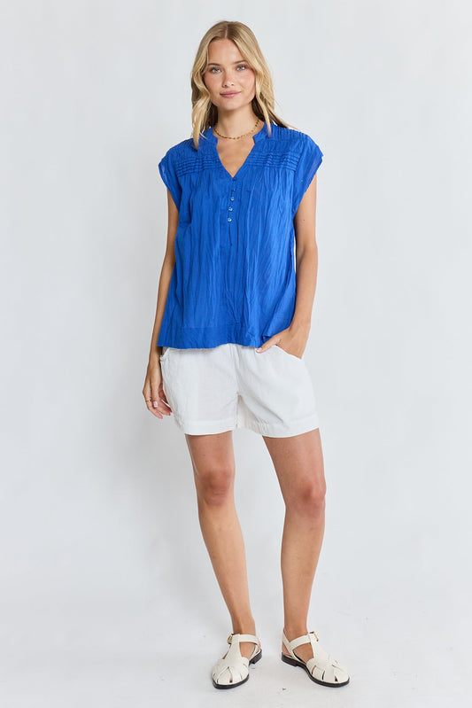 Image of a model wearing Tops. Product name - LulaLife Marilyn Top Azure in Azure colour by brand - Lulalife