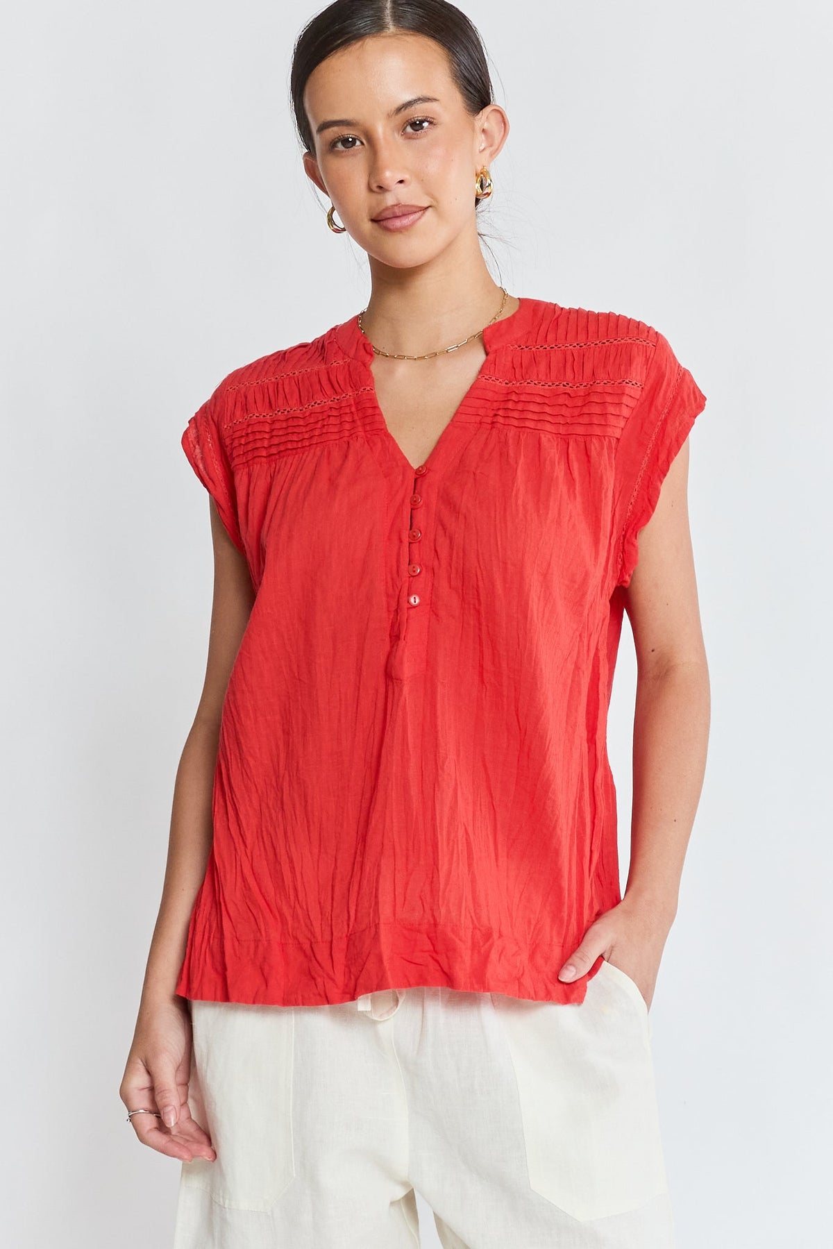 Image of a model wearing Tops. Product name - LulaLife Marilyn Top Red in Red colour by brand - Lulalife