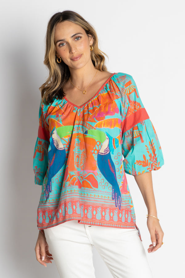 Image of a model wearing Tops. Product name - LulaLife Marquita Top Lagoon in Lagoon colour by brand - LulaLife