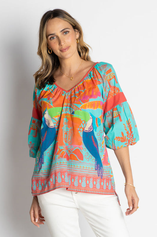 Image of a model wearing Tops. Product name - LulaLife Marquita Top Lagoon in Lagoon colour by brand - LulaLife