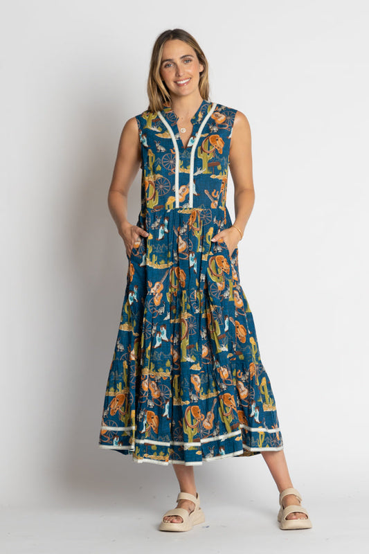 Image of Dresses. Product name - LulaLife Prairie Sleeveless Midi Navy in Navy colour by brand - Lulalife