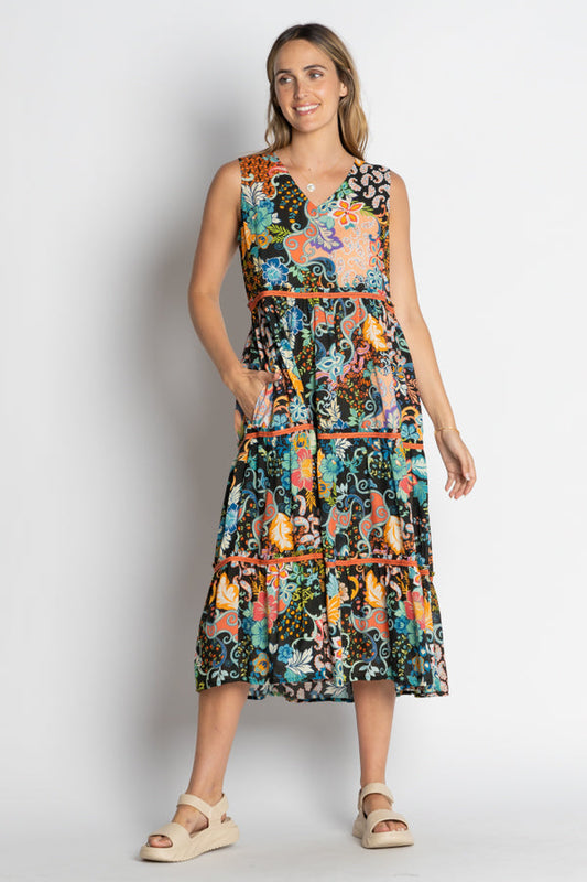 Image of Dresses. Product name - LulaLife Yara Tiered Midi Black in Red colour by brand - Lulalife