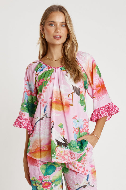 Image of a model wearing Tops. Productname: LulaLife Akiko Top Orchid in Orchid colour by brand - LulaLife