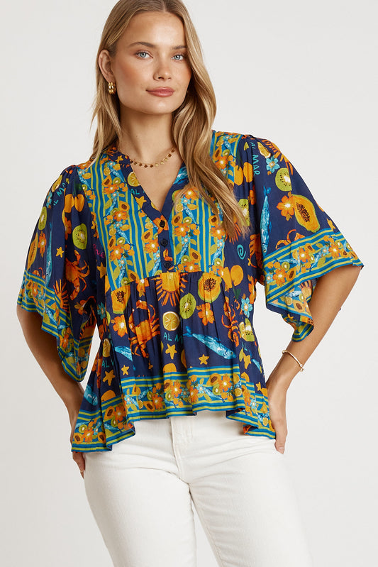 Image of a model wearing Tops. Productname: LulaLife Aliyah Top Navy in Navy colour by brand - LulaLife