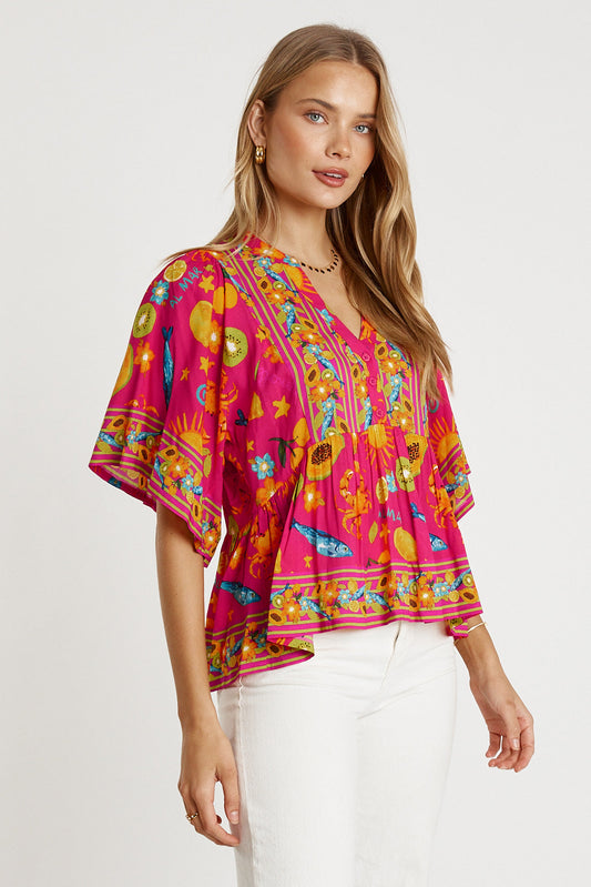 Image of a model wearing Tops. Productname: LulaLife Aliyah Top Pink in Pink colour by brand - LulaLife