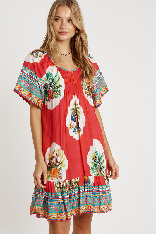 Image of Dresses. Productname: LulaLife Cyra Shirred Dress Melon in Red colour by brand - LulaLife