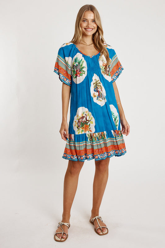 LulaLife Cyra Shirred Dress Sky (Red)