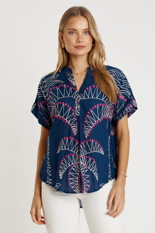 Image of a model wearing Tops. Productname: LulaLife Idalia Top Navy in Navy colour by brand - LulaLife