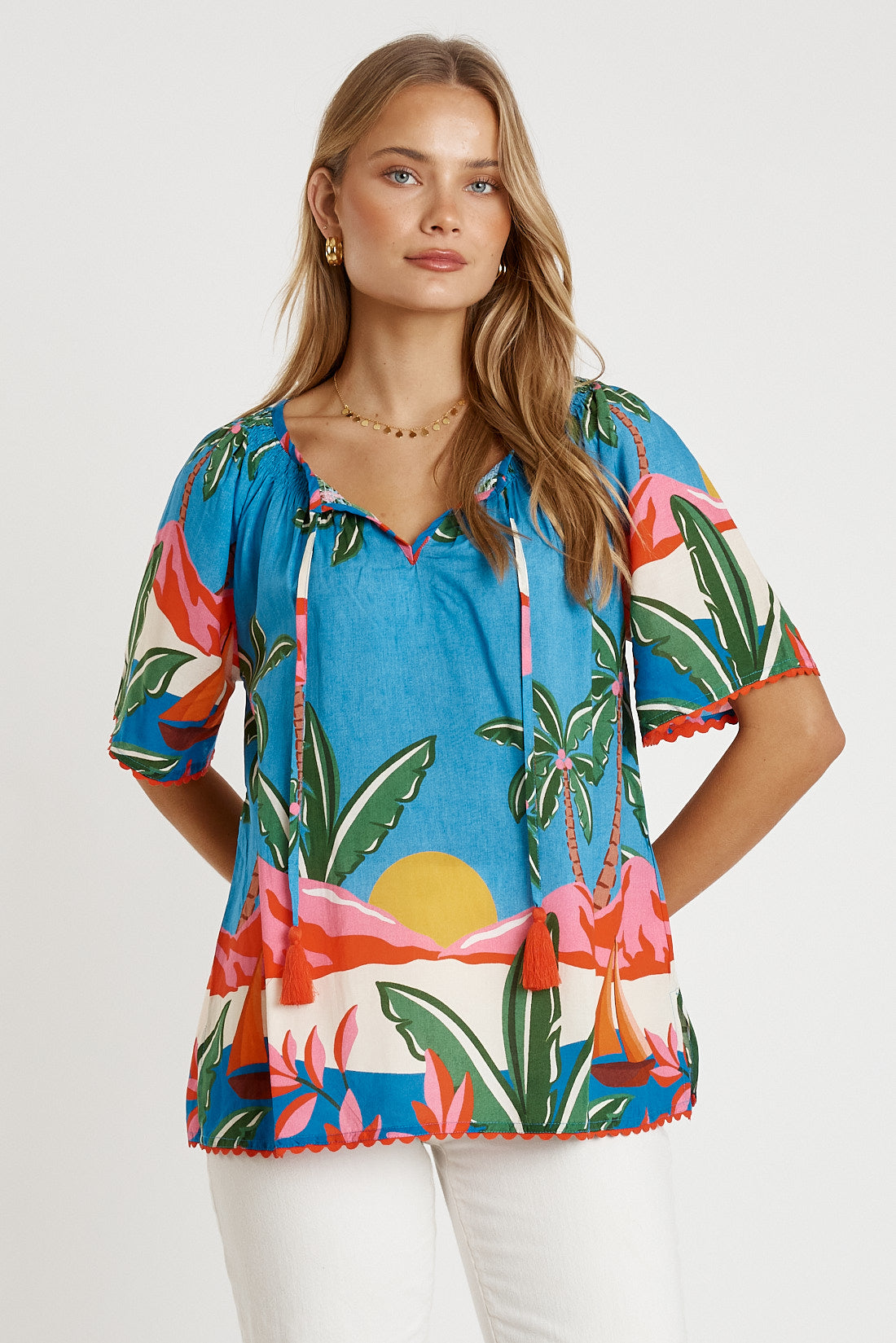 Image of a model wearing Tops. Productname: LulaLife Pacifica Top Print in Print colour by brand - LulaLife