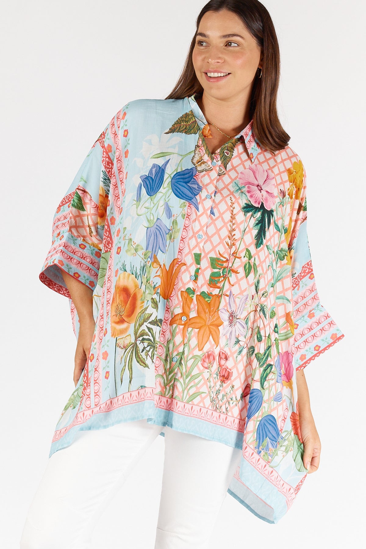 Image of a model wearing Tops. Product name - LulaSoul Belize Kaftan Mist in Tan colour by brand - Lulasoul