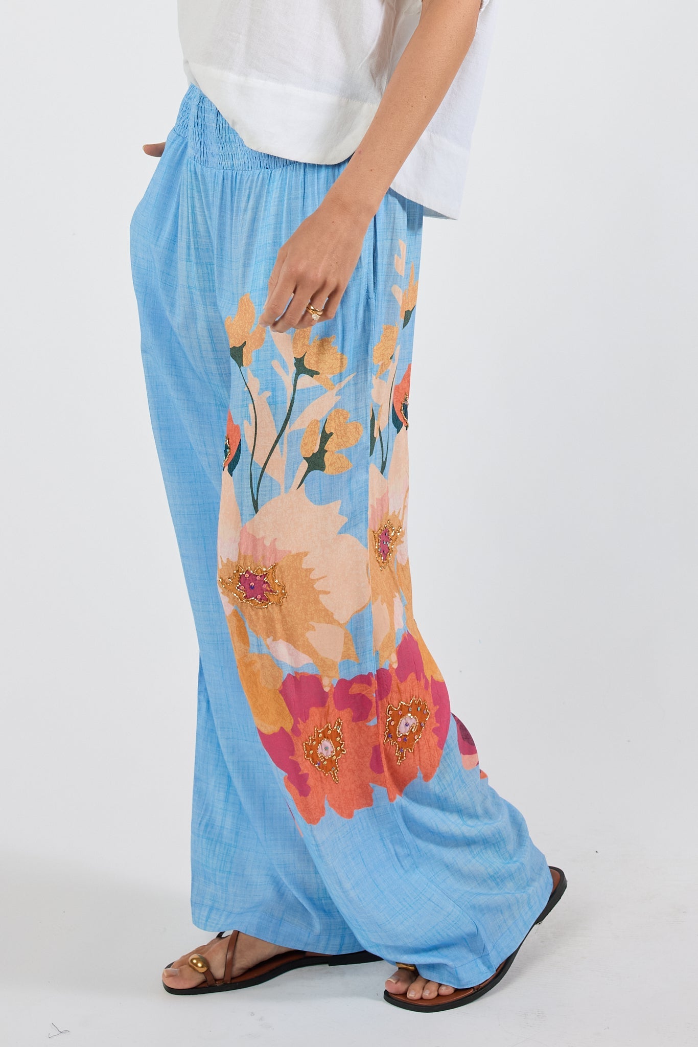 Image of a model wearing Pants. Product name - PRE SALE | LulaSoul Hana Pant Indigo in Indigo colour by brand - Lulasoul