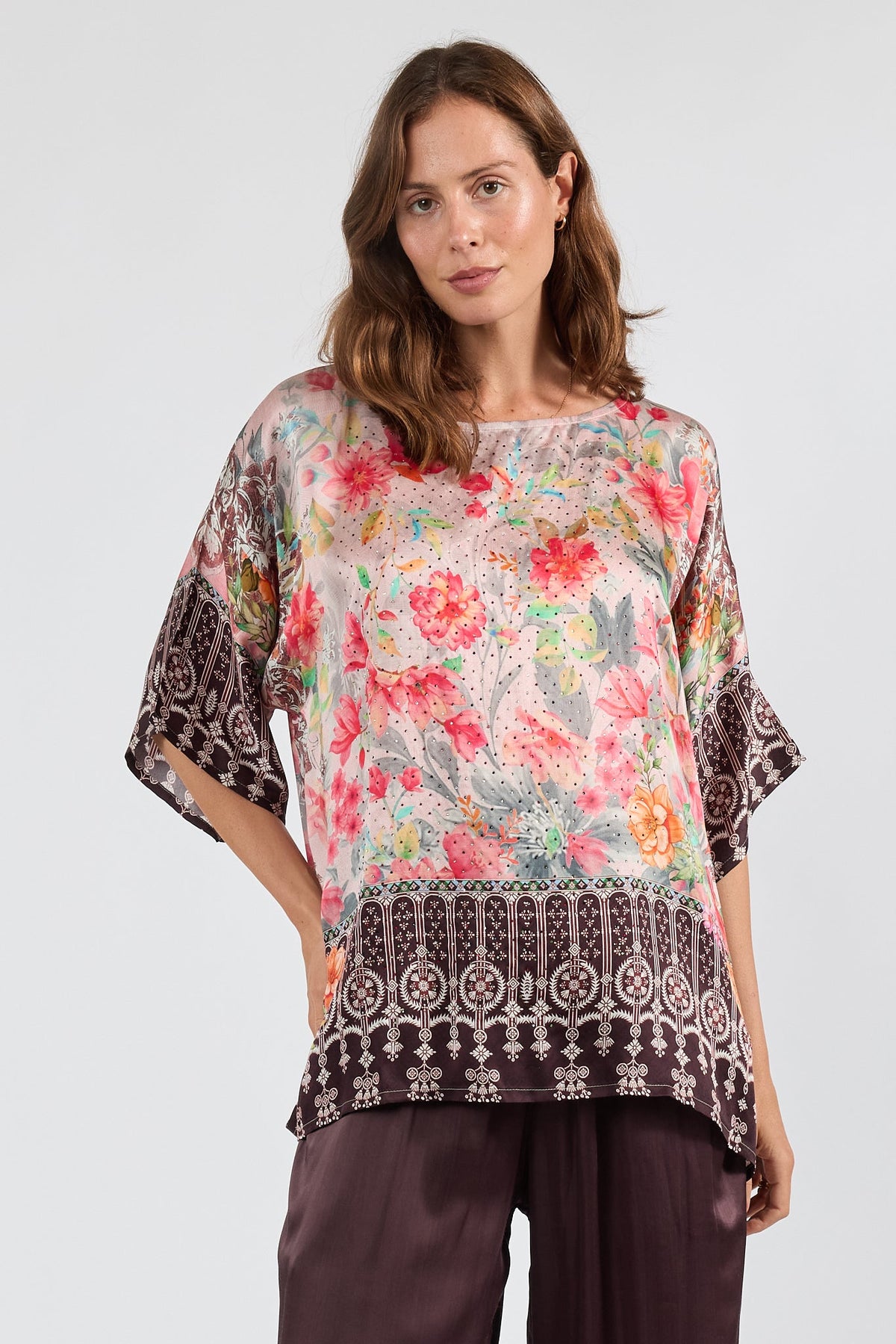 Image of a model wearing Tops. Product name - LulaSoul La Maroma Wide T Espresso in Espresso colour by brand - Lulasoul
