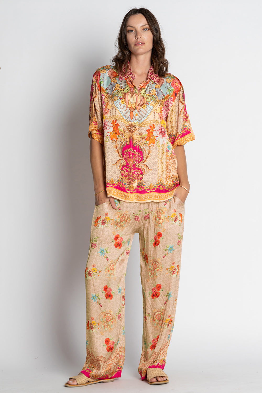 Image of a model wearing Pants. Productname: LulaSoul Le Sereno Pant Musk in Musk colour by brand - LulaSoul