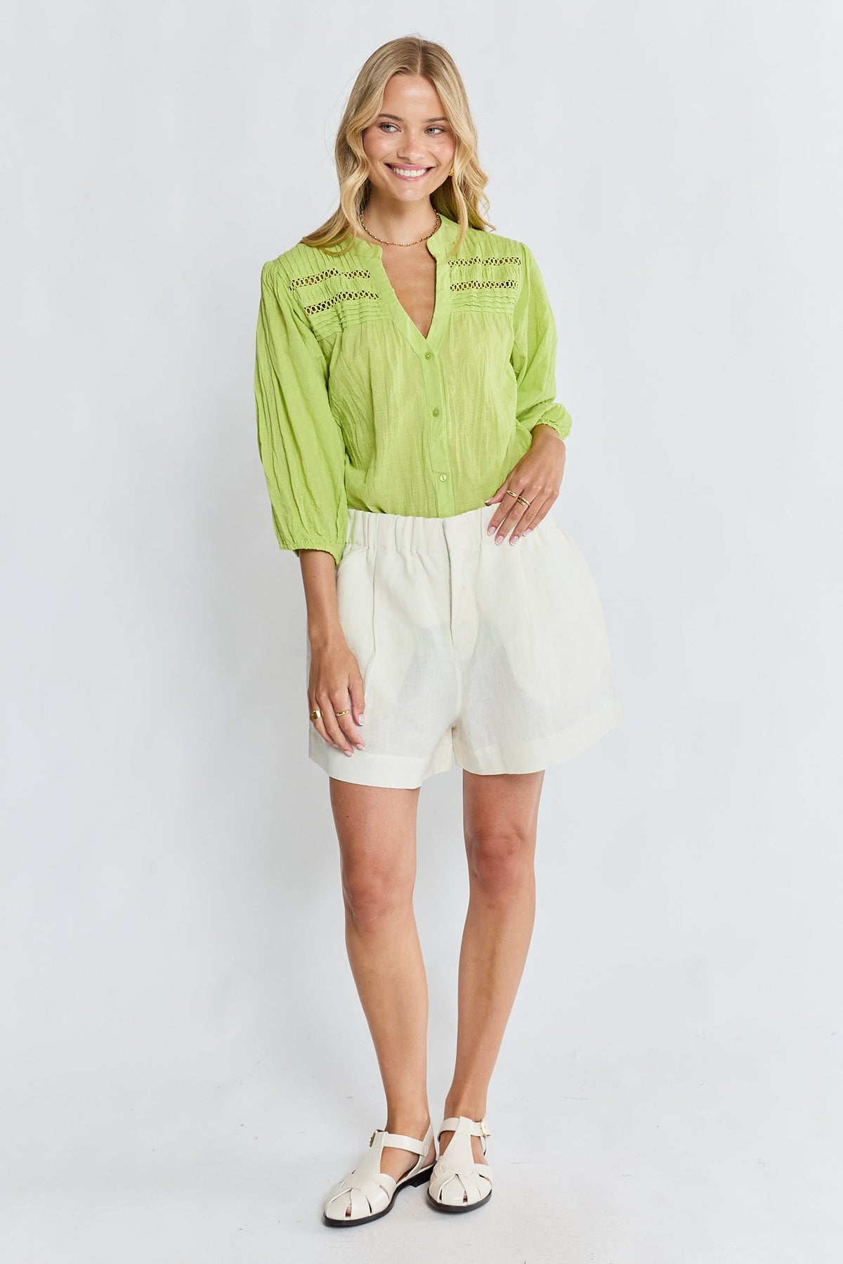 Image of a model wearing Shorts. Product name - PRE SALE | LulaSoul Marissa Short Ivory in Ivory colour by brand - Lulasoul