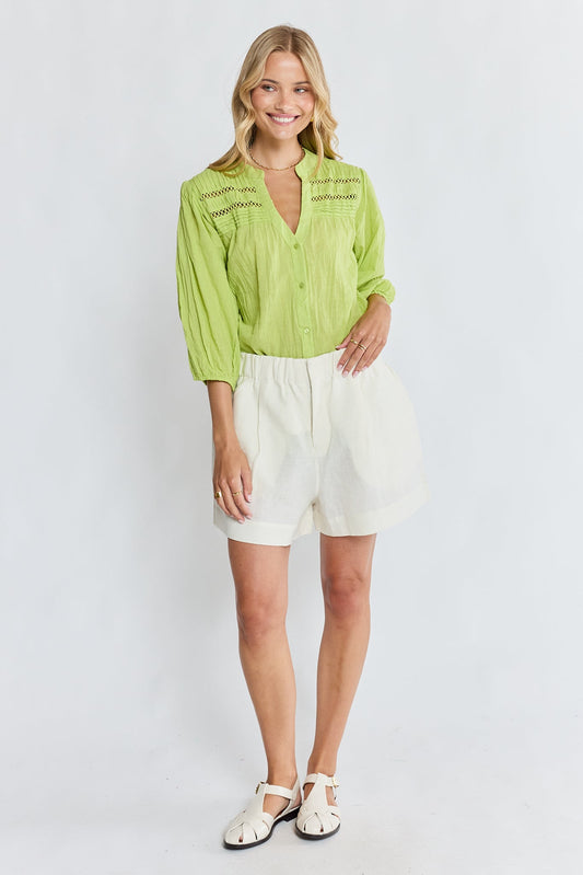 Image of a model wearing Shorts. Product name - PRE SALE | LulaSoul Marissa Short Ivory in Ivory colour by brand - Lulasoul