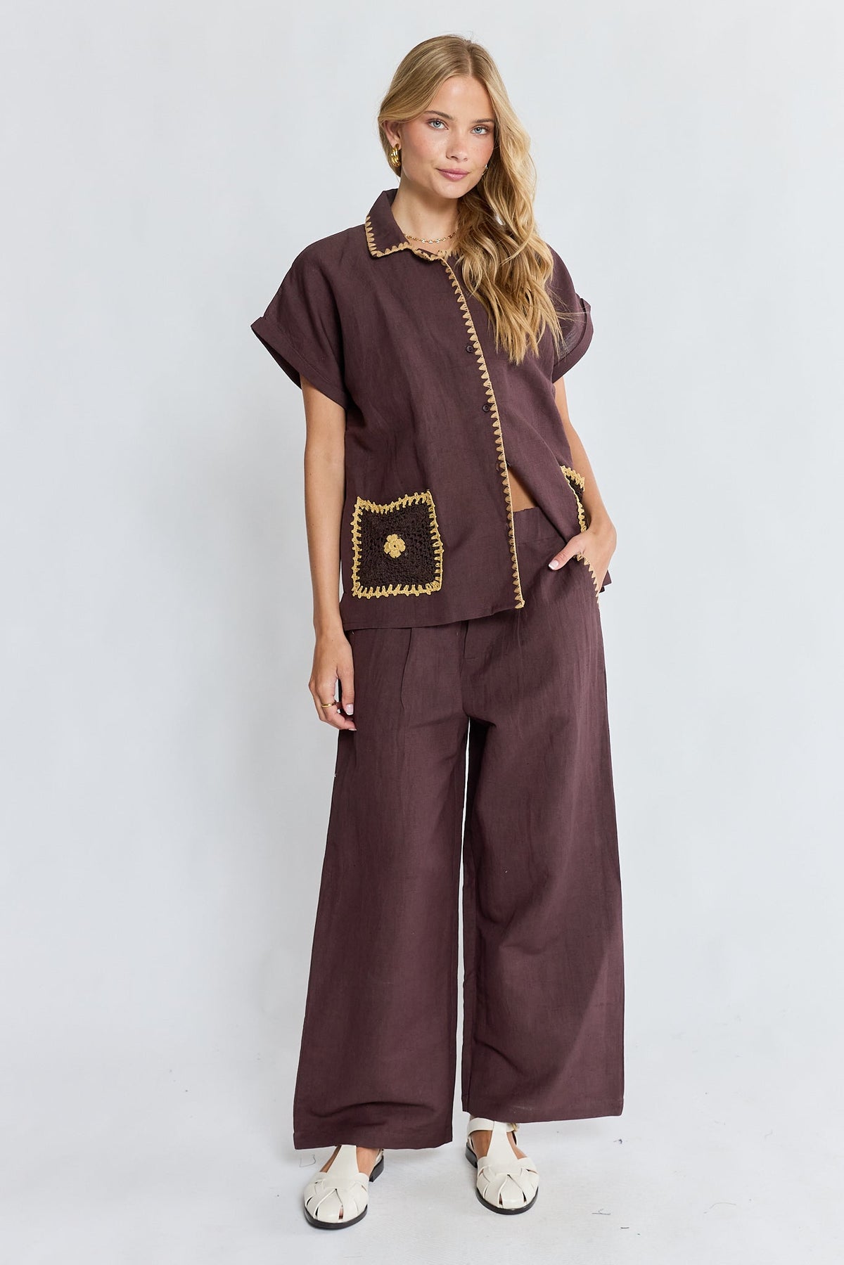 Image of a model wearing Pants. Product name - PRE SALE | LulaSoul Reine Pant Espresso in Espresso colour by brand - Lulasoul