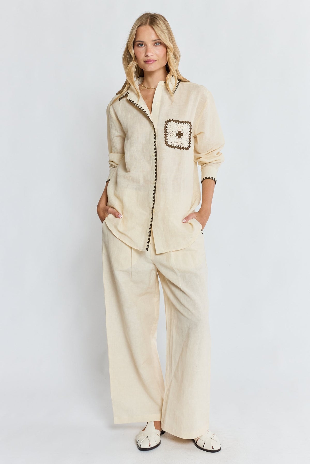 Image of a model wearing Pants. Product name - PRE SALE | LulaSoul Reine Pant Vanilla in Vanilla colour by brand - Lulasoul