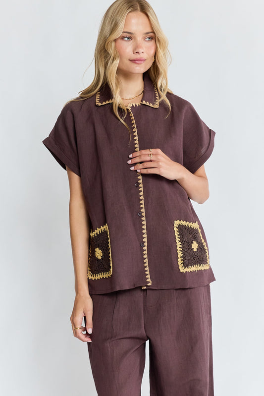 Image of Shirts. Product name - PRE SALE | LulaSoul Reine Short Sleeve Shirt Espresso in Espresso colour by brand - Lulasoul