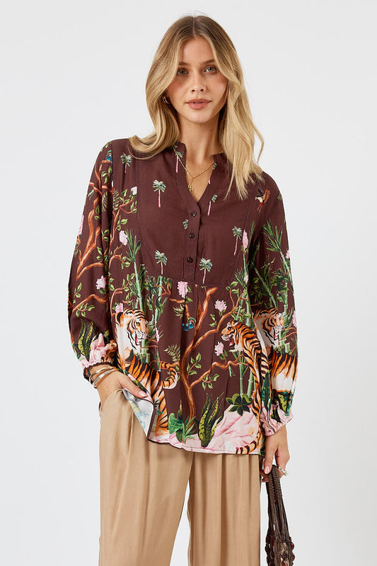Image of a model wearing Tops. Product name - LulaSoul Samatra Top Espresso in Espresso colour by brand - LulaSoul