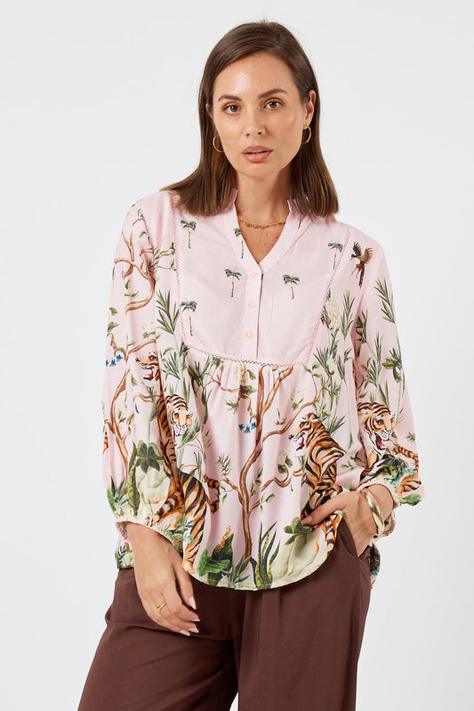 Image of a model wearing Tops. Product name - LulaSoul Samatra Top Orchid in Orchid colour by brand - LulaSoul