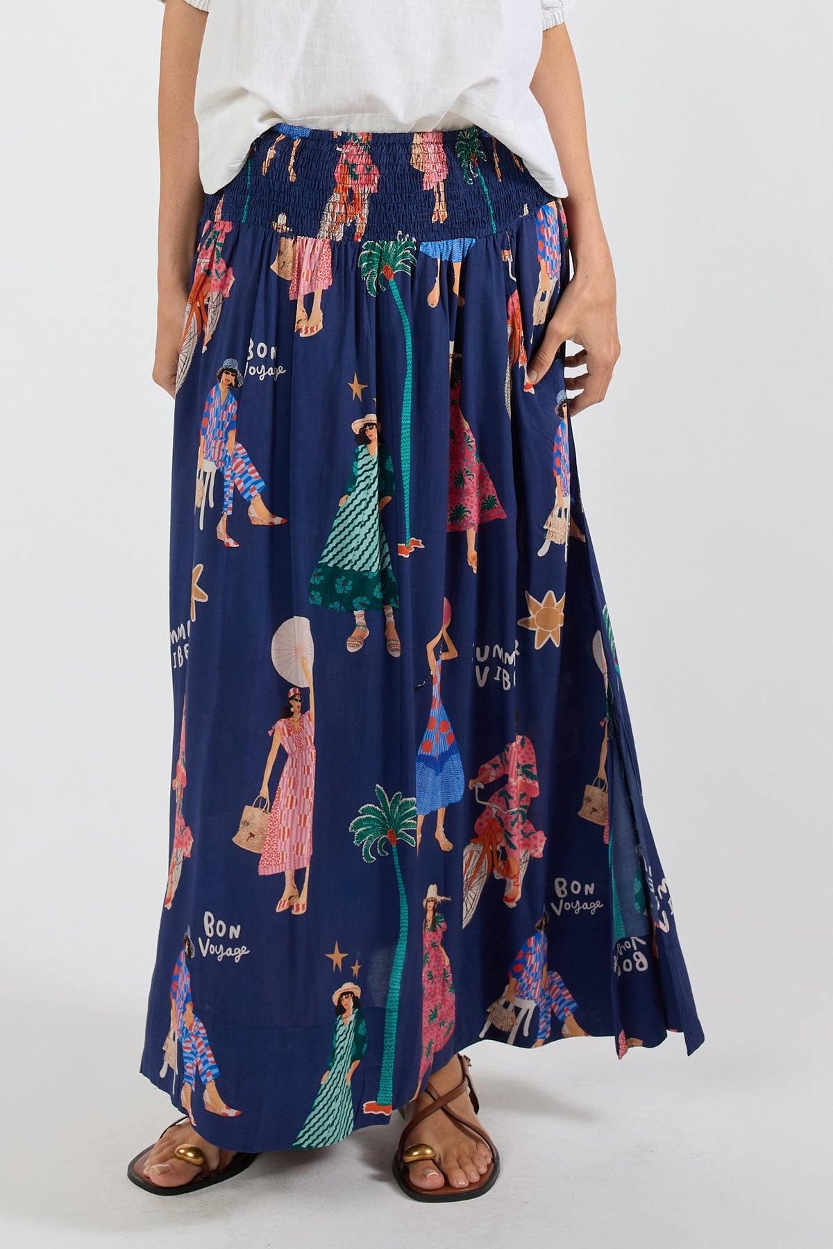 Image of a model wearing Skirts. Product name - PRE SALE | LulaSoul Summer Vibes Skirt Navy in Navy colour by brand - Lulasoul
