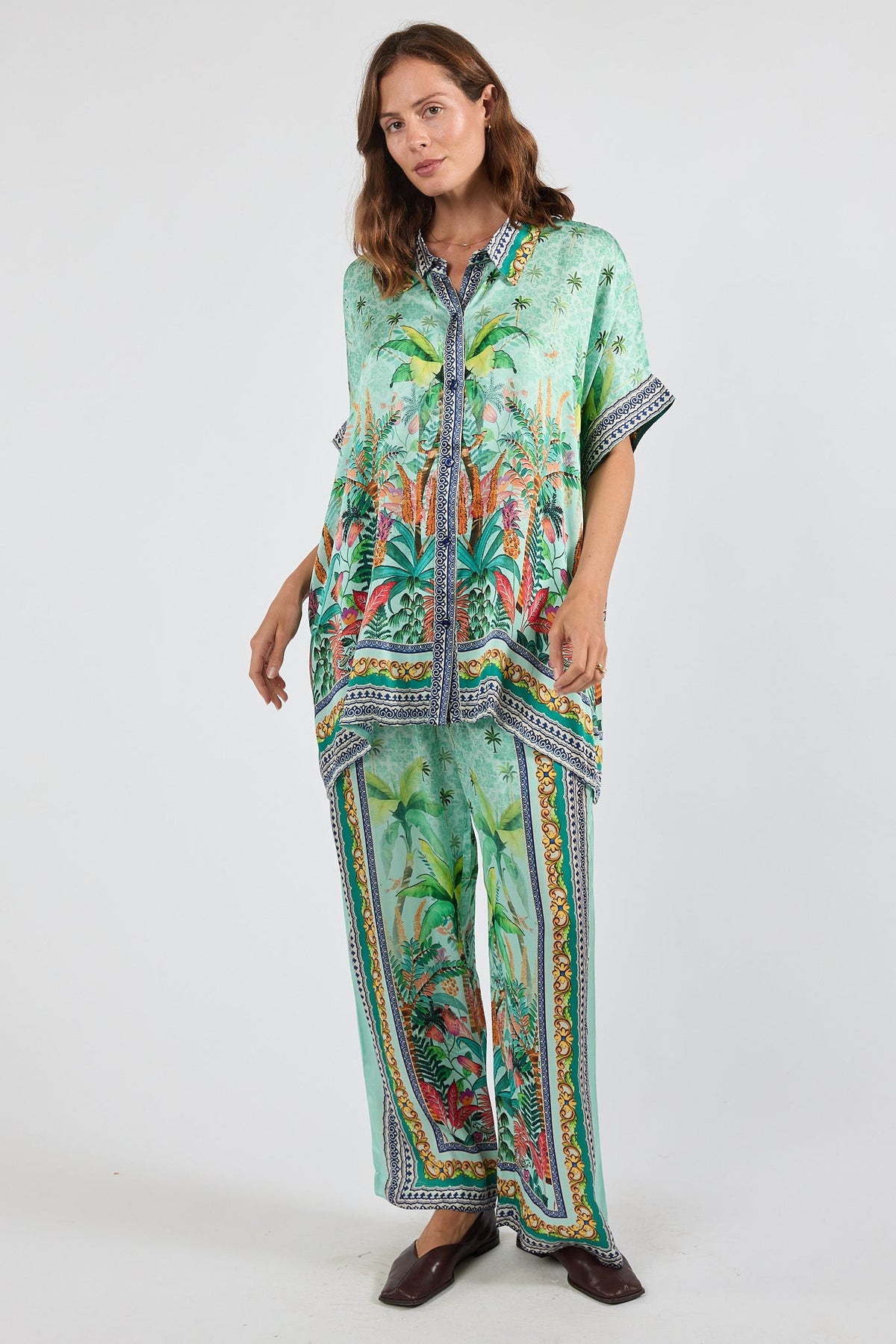 Image of a model wearing Tops. Product name - PRE SALE | LulaSoul Zilara Kaftan Top Mist in Tan colour by brand - Lulasoul