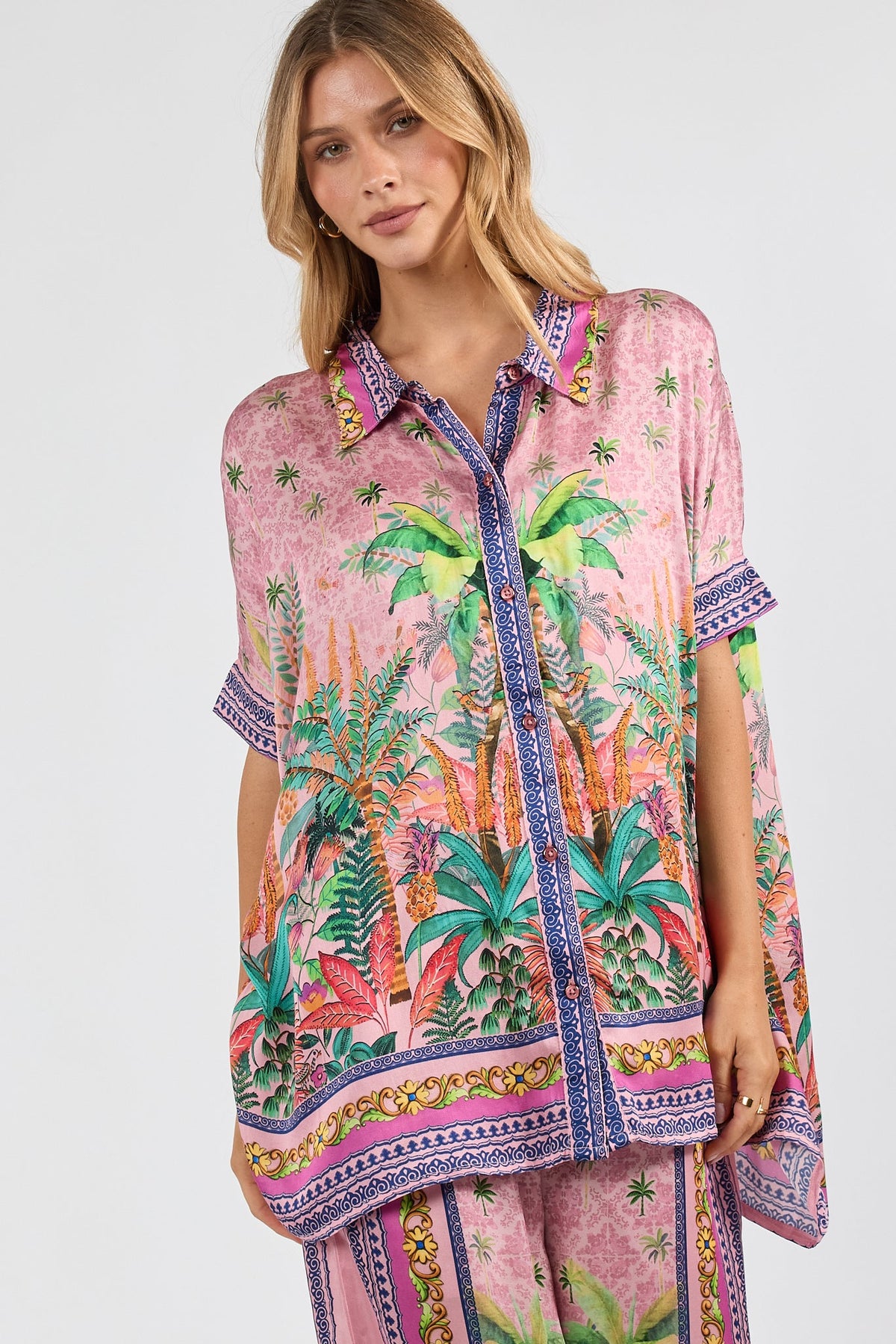 Image of a model wearing Tops. Product name - PRE SALE | LulaSoul Zilara Kaftan Top Orchid in Tan colour by brand - Lulasoul