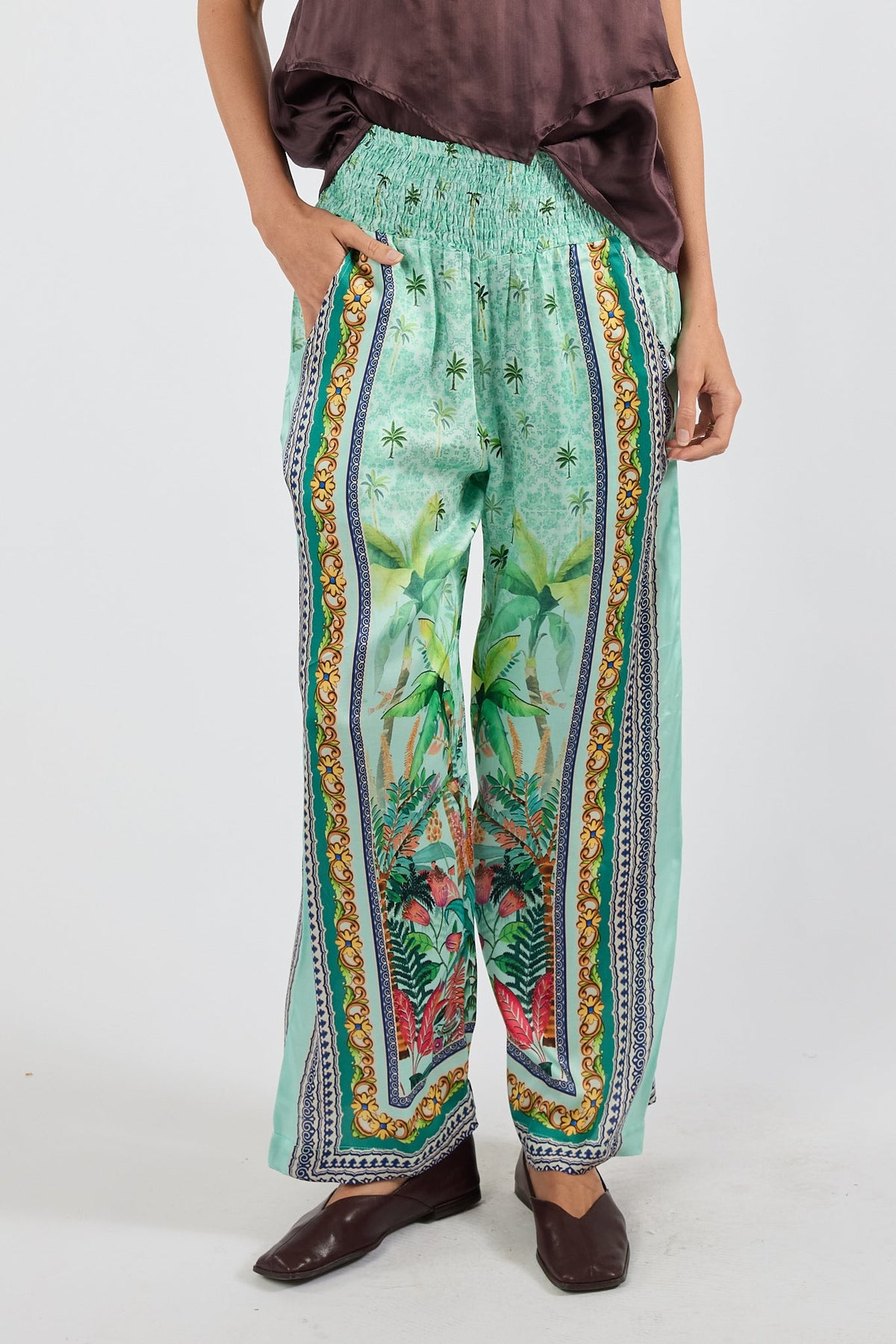 Image of a model wearing Pants. Product name - PRE SALE | LulaSoul Zilara Pant Mist in Mist colour by brand - Lulasoul