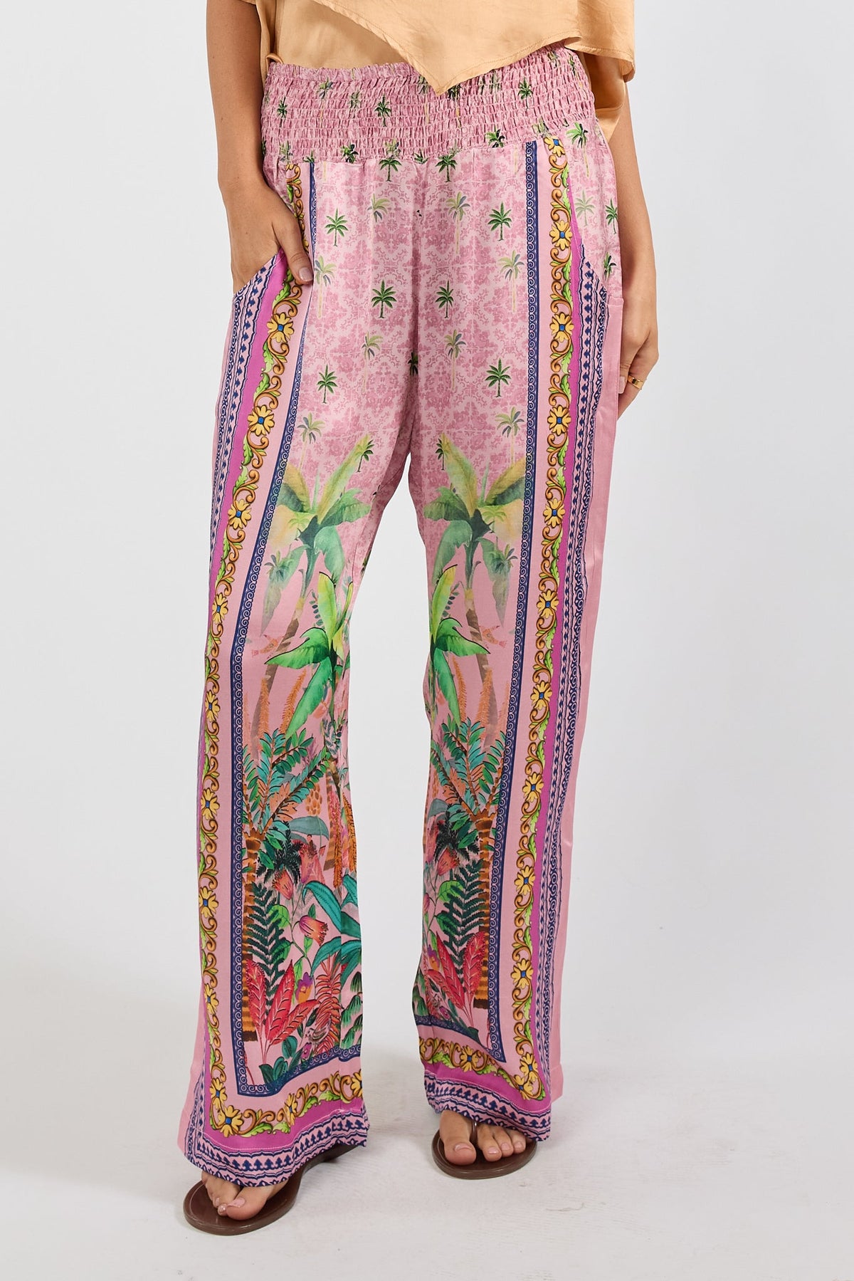 Image of a model wearing Pants. Product name - PRE SALE | LulaSoul Zilara Pant Orchid in Orchid colour by brand - Lulasoul