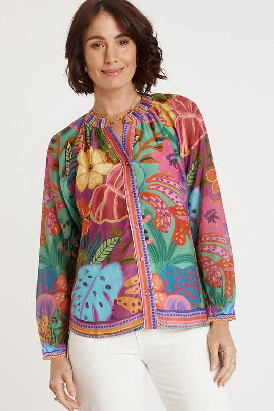 Image of a model wearing Tops. Product name - Lulasoul Auberge Top Multi in Multi colour by brand - LulaSoul