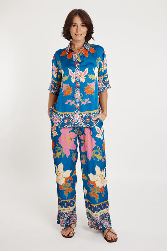 Image of a model wearing Pants. Productname: Lulasoul Marquis Pant Ocean in Ocean colour by brand - LulaSoul