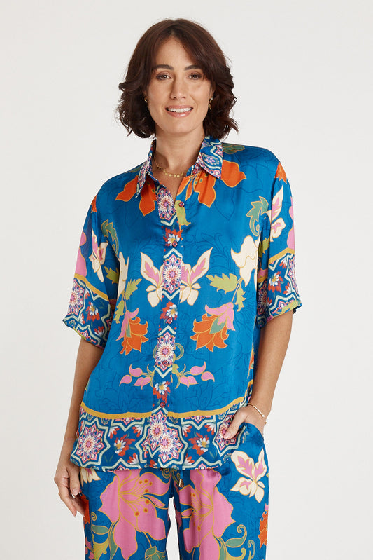 Image of a model wearing Tops. Productname: Lulasoul Marquis Top Ocean in Ocean colour by brand - LulaSoul