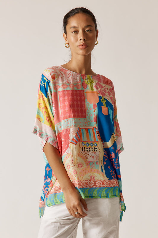 Image of a model wearing Tops. Productname: Lulasoul Taj Wide T Multi in Multi colour by brand - LulaSoul