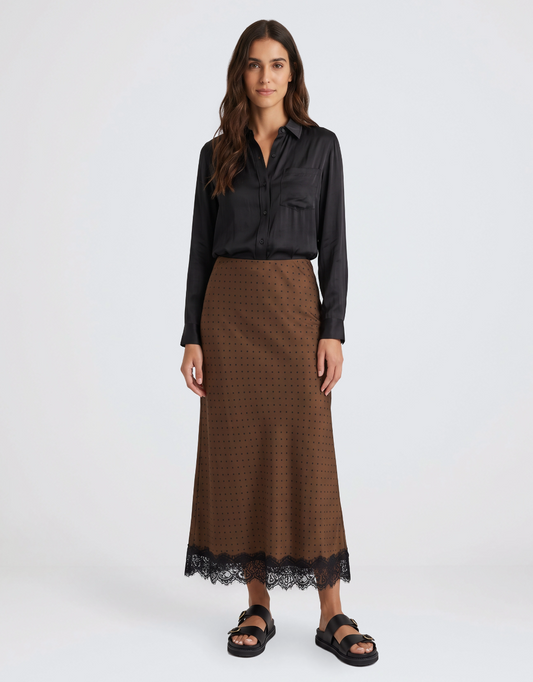 Georgia Zoe Margarita Satin Lace Trim Bias Maxi Skirt (Chocolate Polka Dot)