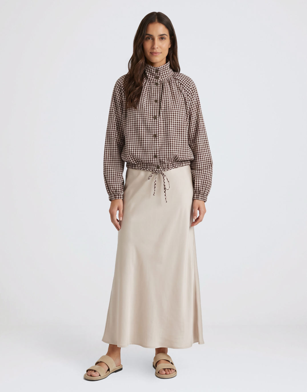 132 Fashion Margot Gathered Hem Shirt (Choc/White)