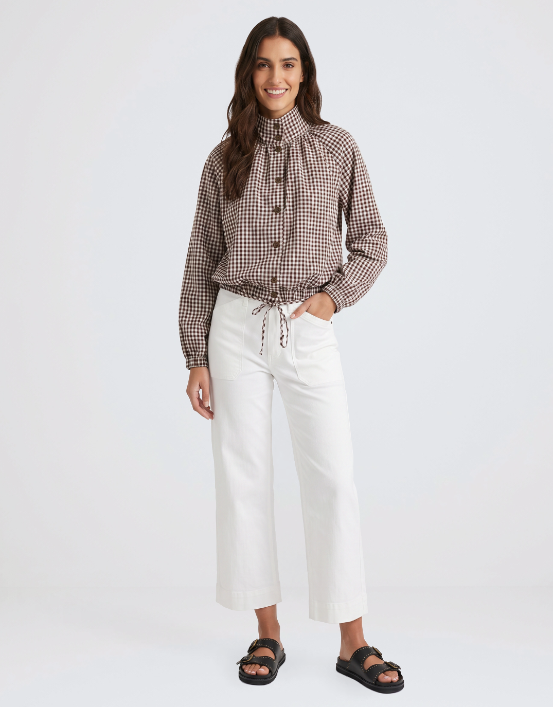 132 Fashion Margot Gathered Hem Shirt (Choc/White)