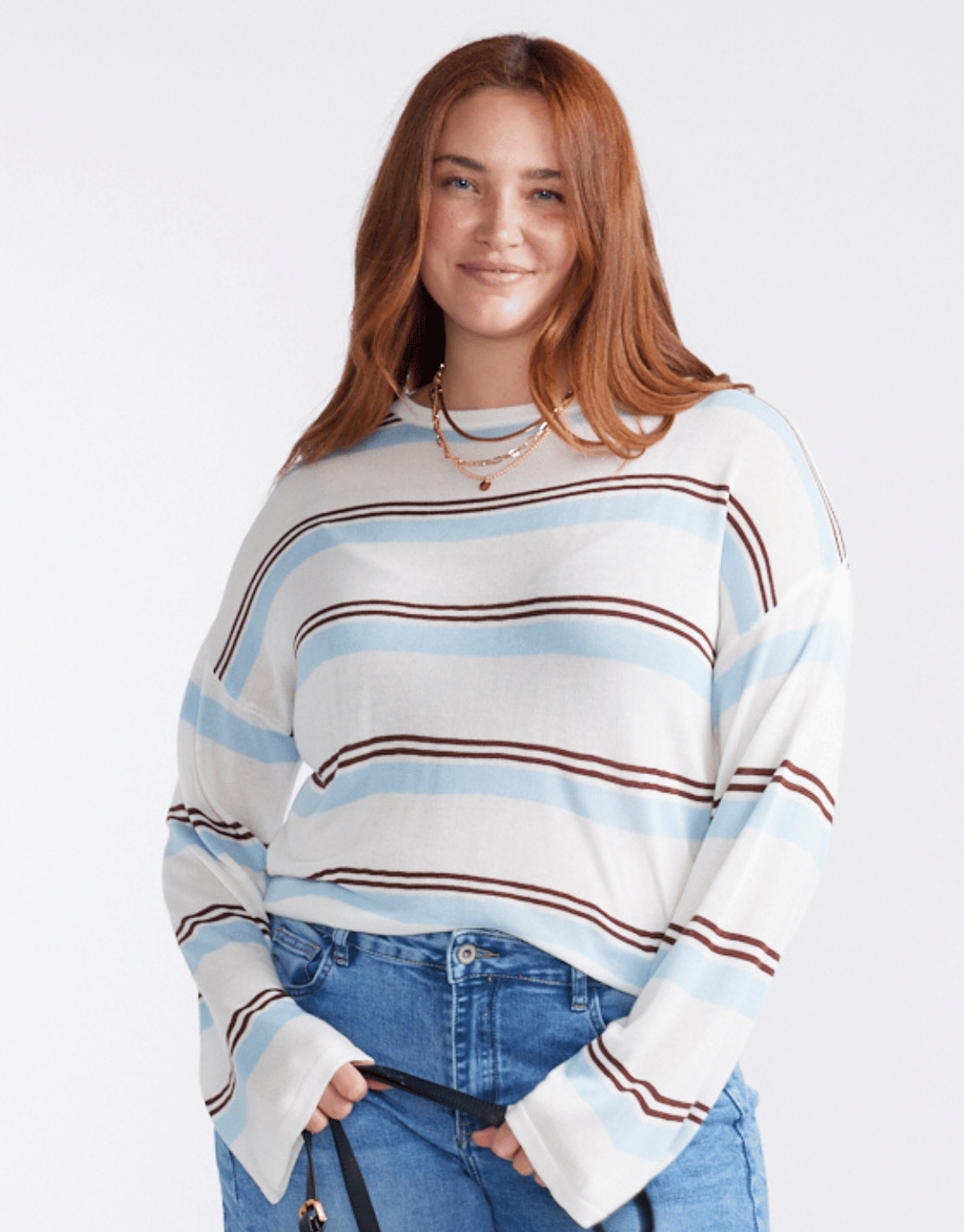 Image of T-Shirts. Product name - Marina Long Sleeve Tee Natural/Blue/Choc in Natural/Blue/Choc colour by brand - 132 Fashion