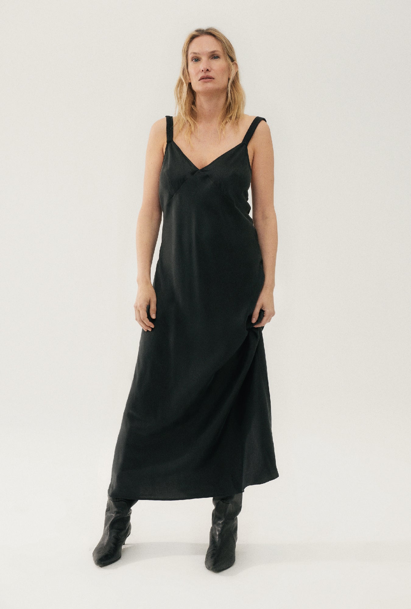 Image of Dresses. Product name - Deco Ruched Dress Black in Black colour by brand - Silk Laundry