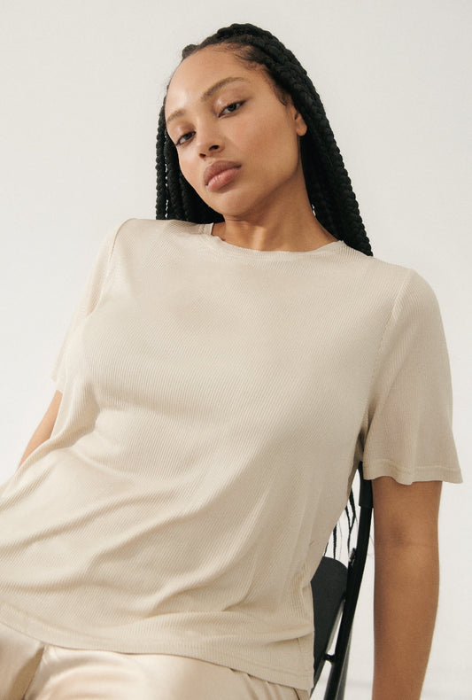 Image of T-Shirts. Productname: Ribbed T-Shirt Hazelnut in Hazelnut colour by brand - Silk Laundry