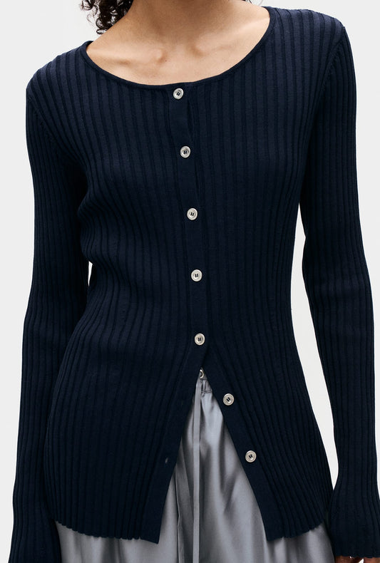 Image of Cardigans. Product name - Ribbed Kia Cardigan Midnight in Midnight colour by brand - Silk Laundry