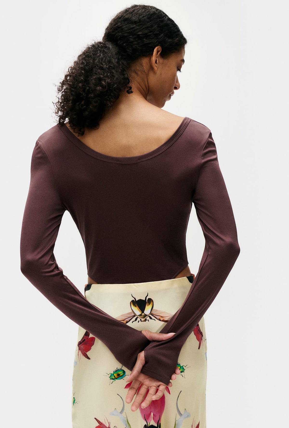 Silk Laundry Jersey Modal Long Sleeve Cutaway Bodysuit (Cacao)