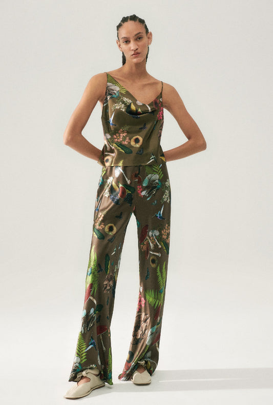 Image of a model wearing Pants. Productname: Bias Cut Pants Magic Mushroom Dark Earth in Magic Mushroom Dark Earth colour by brand - Silk Laundry